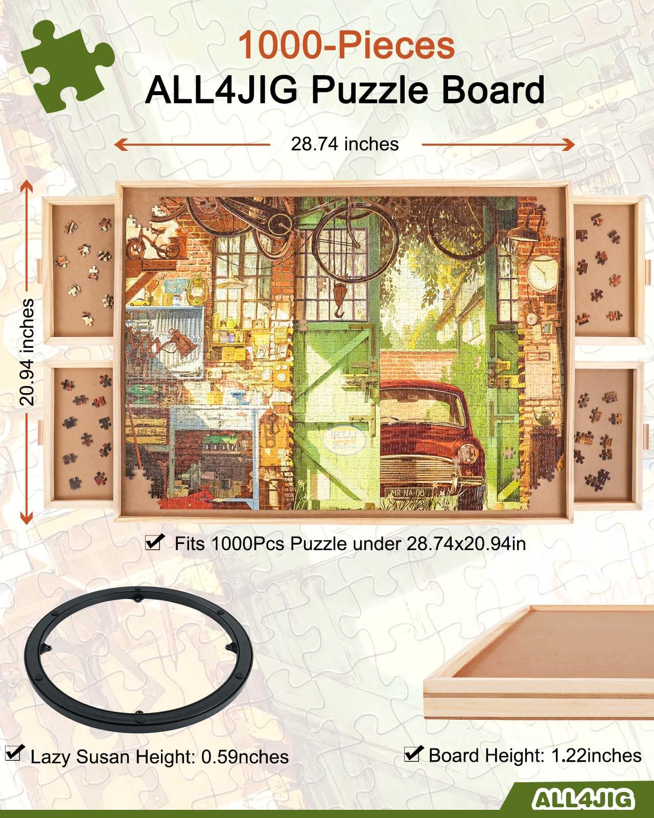 ALL4JIG 1000-Piece Rotating Puzzle Board with 4 Drawers | Portable Wooden Jigsaw Table