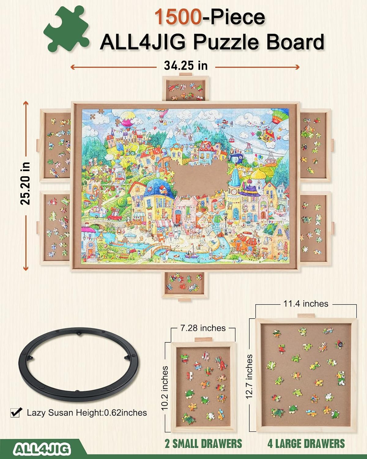 ALL4JIG 1500-Piece Rotating Puzzle Board — 25x34 in Wooden Puzzle Table with 6 Drawers & Cover