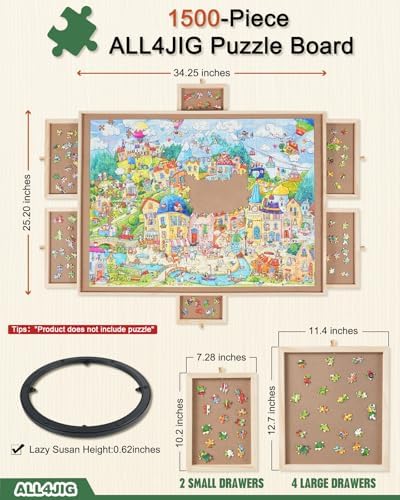 ALL4JIG 1500-Piece Rotating Puzzle Board with 6 Drawers and Cover — 25x34 Portable Wooden Jigsaw Table for Adults