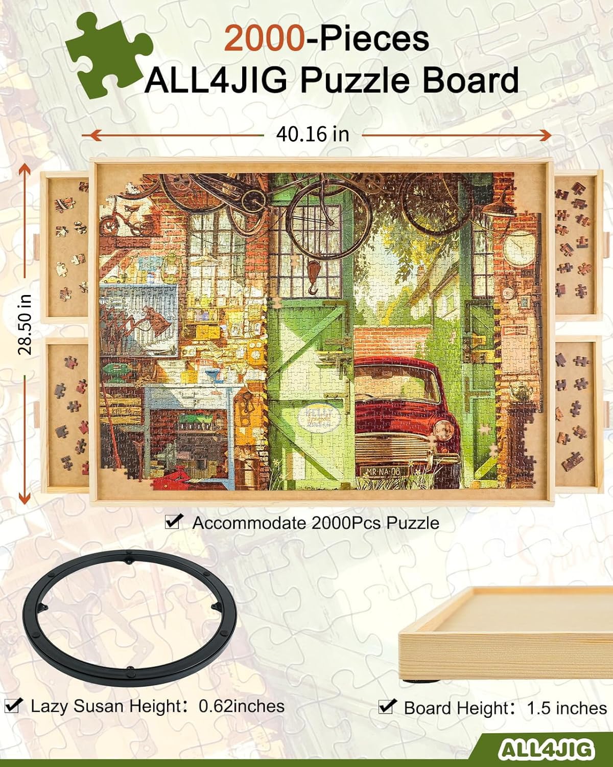 ALL4JIG 2000-Piece Rotating Puzzle Board with 4 Drawers and Cover – Portable Wooden Jigsaw Table