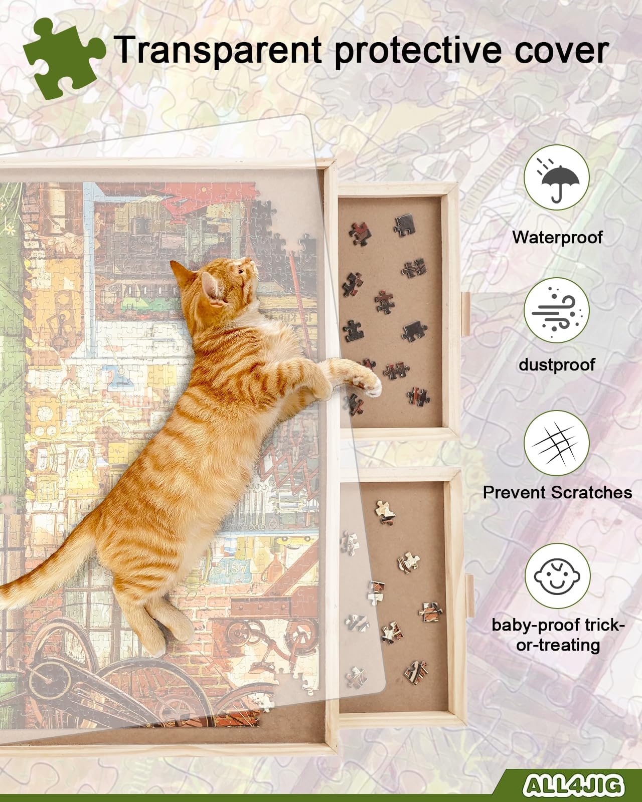 ALL4JIG 2000-Piece Rotating Puzzle Board with 4 Drawers and Cover – Portable Wooden Jigsaw Table