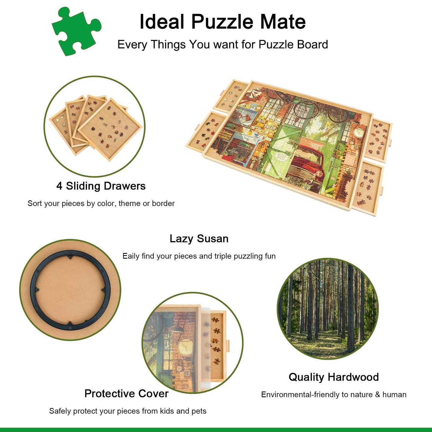 ALL4JIG 1500-Piece Rotating Puzzle Table with 4 Drawers & Cover — 25x34 in Wood
