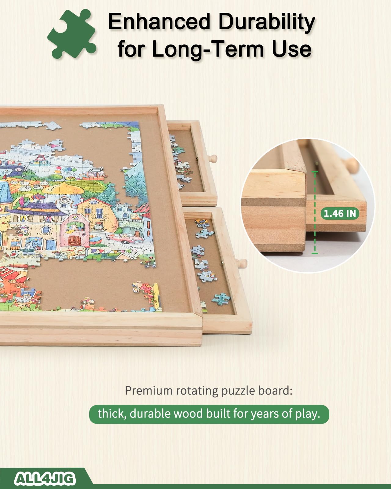 ALL4JIG 1500-Piece Rotating Puzzle Board with 6 Drawers and Cover — 25x34 Portable Wooden Jigsaw Table for Adults