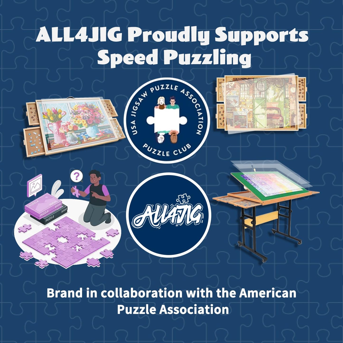 ALL4JIG 2000-Piece Rotating Puzzle Board with 4 Drawers and Cover – Portable Wooden Jigsaw Table
