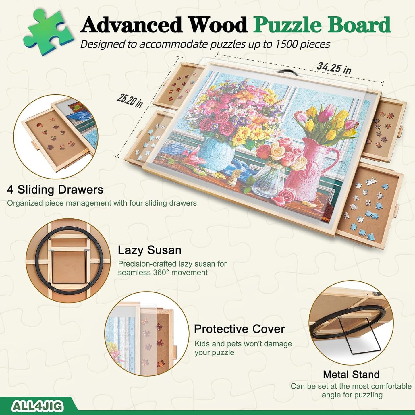 ALL4JIG 1500-Piece 2-in-1 Tilting & Rotating Puzzle Board | 34.2in x 25.2in, 4 Drawers