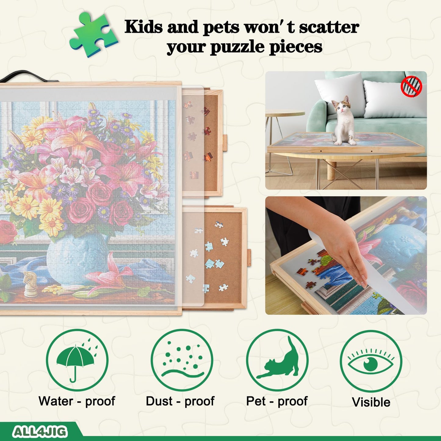 ALL4JIG 1500-Piece 2-in-1 Tilting & Rotating Puzzle Board | 34.2in x 25.2in, 4 Drawers