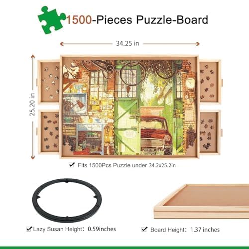ALL4JIG 1500-Piece Rotating Puzzle Table with 4 Drawers & Cover — 25x34 in Wood
