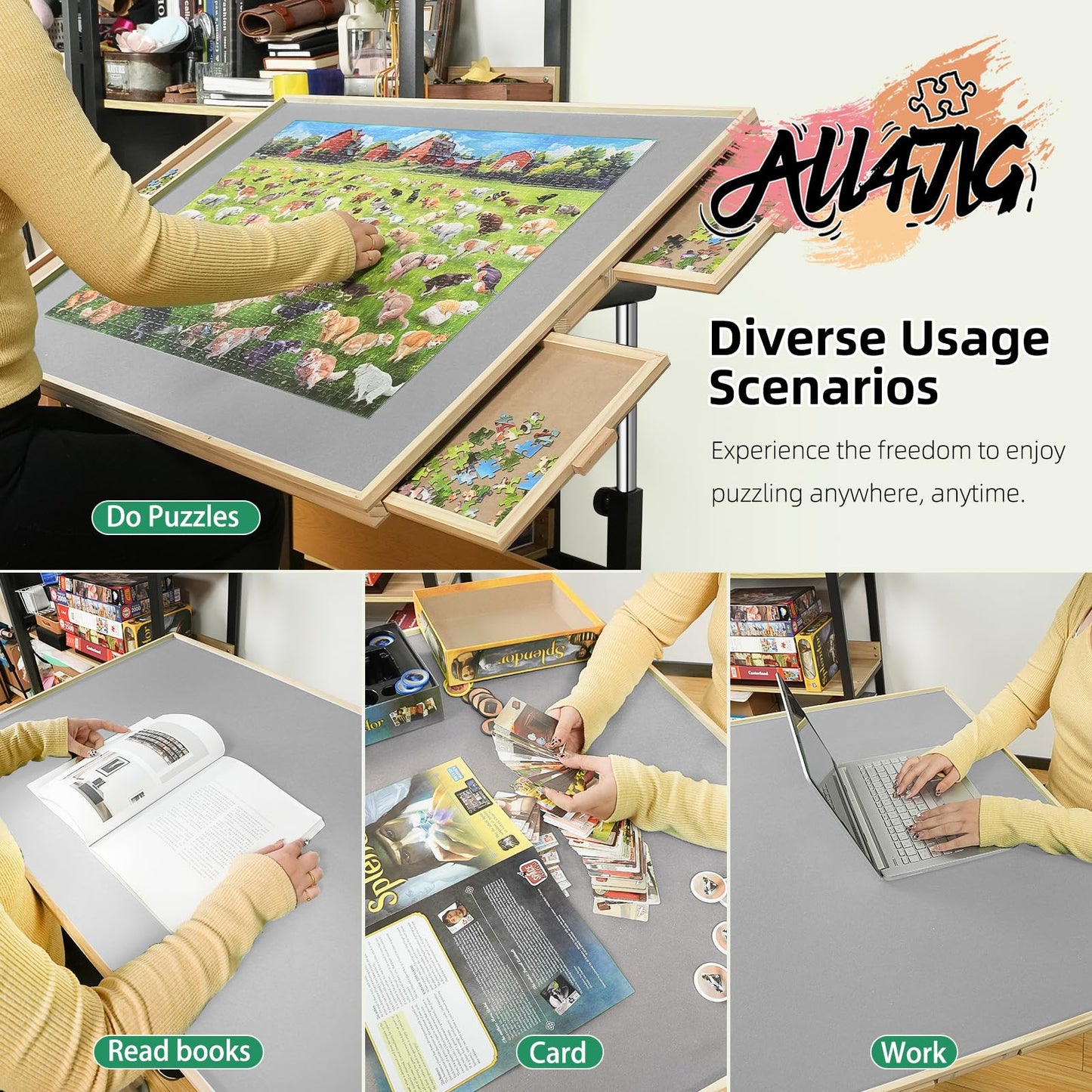 ALL4JIG 1500-Piece Puzzle Table with Legs & Wheels — 4 Drawers, Protective Cover, Lightweight & Stable