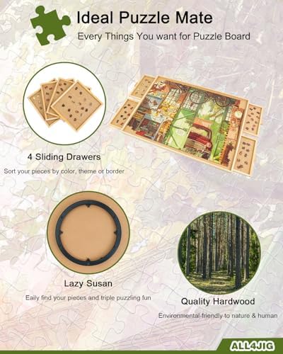 ALL4JIG 2000-Piece Rotating Puzzle Board with 4 Drawers and Cover – Portable Wooden Jigsaw Table