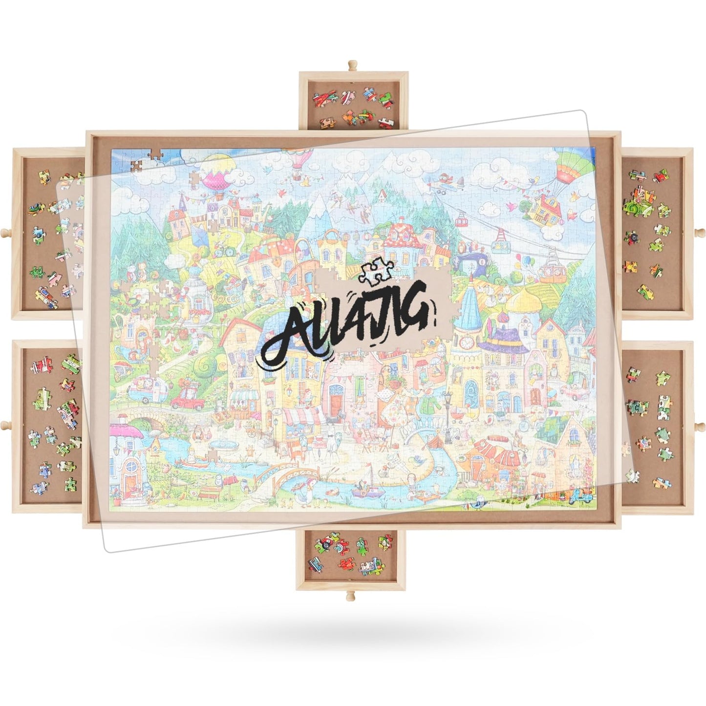 ALL4JIG 1500-Piece Rotating Puzzle Board with 6 Drawers and Cover — 25x34 Portable Wooden Jigsaw Table for Adults