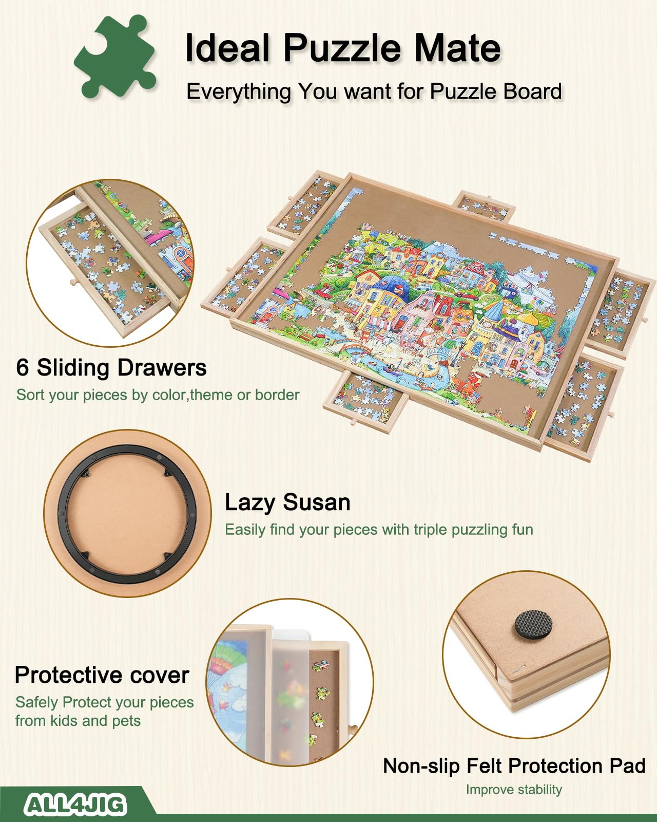 ALL4JIG 1500-Piece Rotating Puzzle Board with 6 Drawers and Cover — 25x34 Portable Wooden Jigsaw Table for Adults