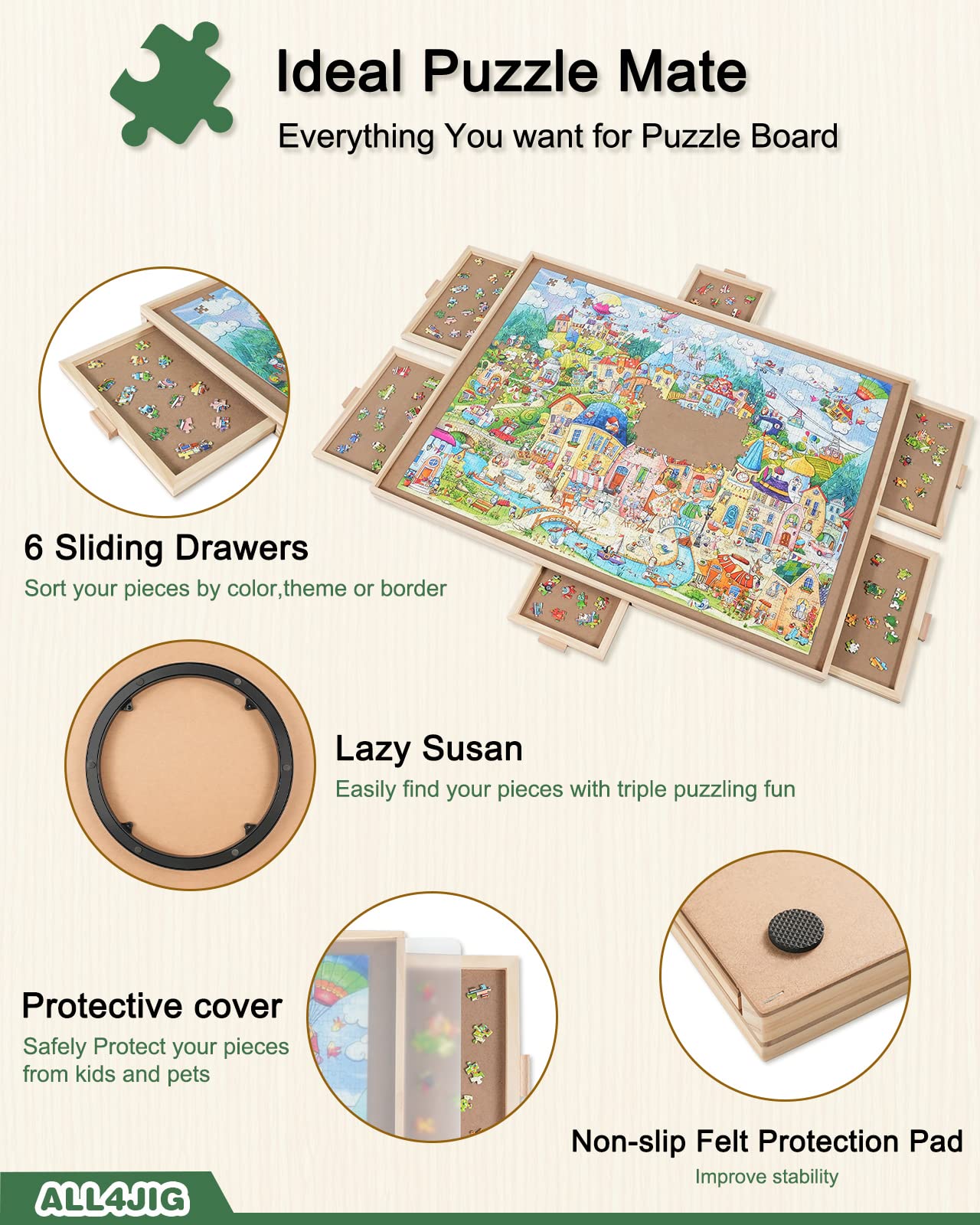 ALL4JIG 2000-Piece Rotating Puzzle Board with 6 Drawers – 28x40-Inch Wooden Puzzle Table