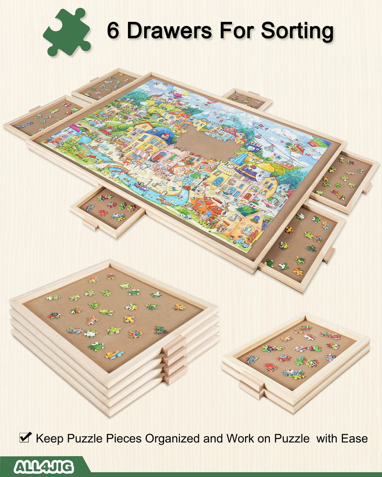 ALL4JIG 1500-Piece Rotating Puzzle Board — 25x34 in Wooden Puzzle Table with 6 Drawers & Cover