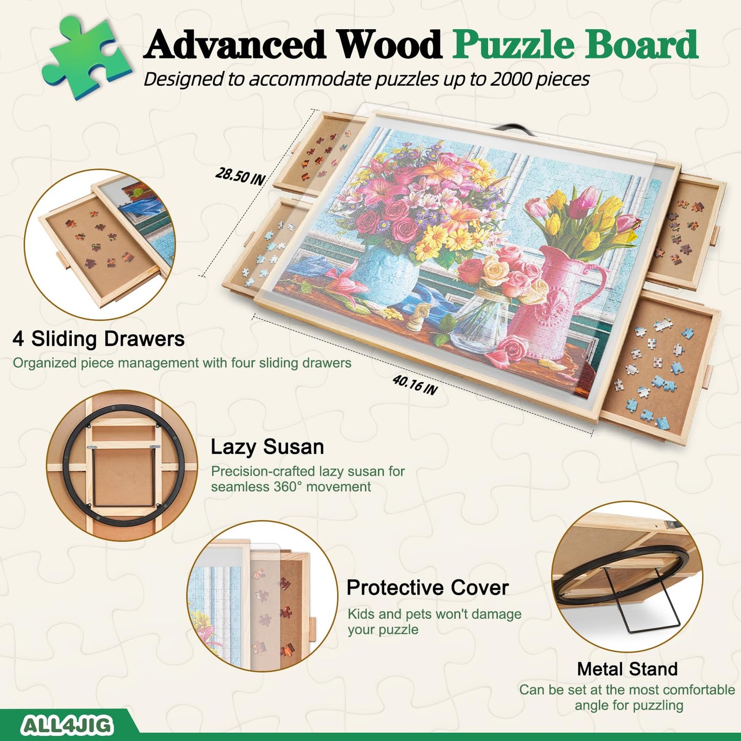 ALL4JIG 2000-Piece 2-in-1 Tilting & Rotating Puzzle Board | 40.16 x 28.5 in | 4 Drawers & Protective Cover