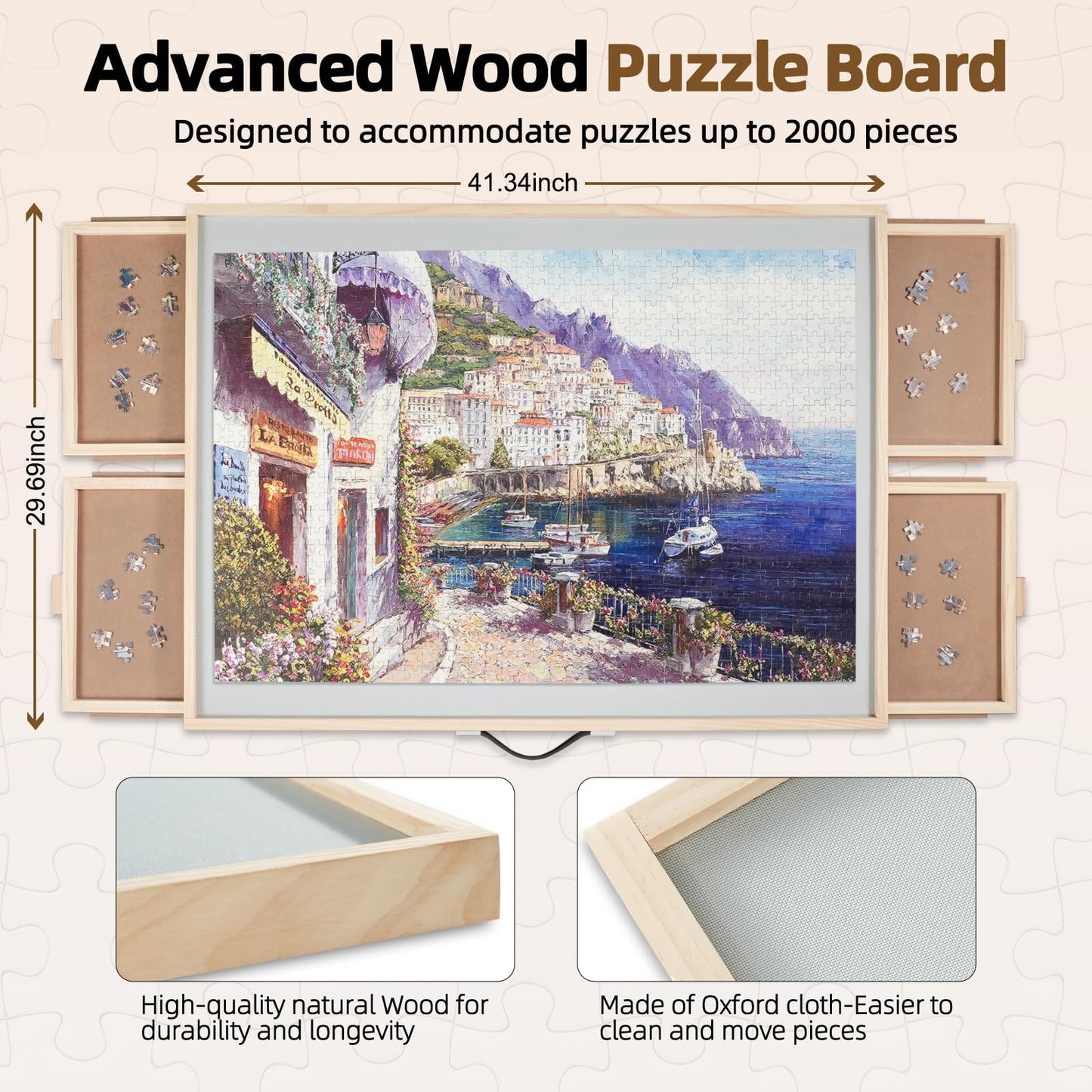 ALL4JIG 2000-Piece 2-in-1 Tilting & Rotating Puzzle Board – Portable Wooden Puzzle Table with Drawers & Cover