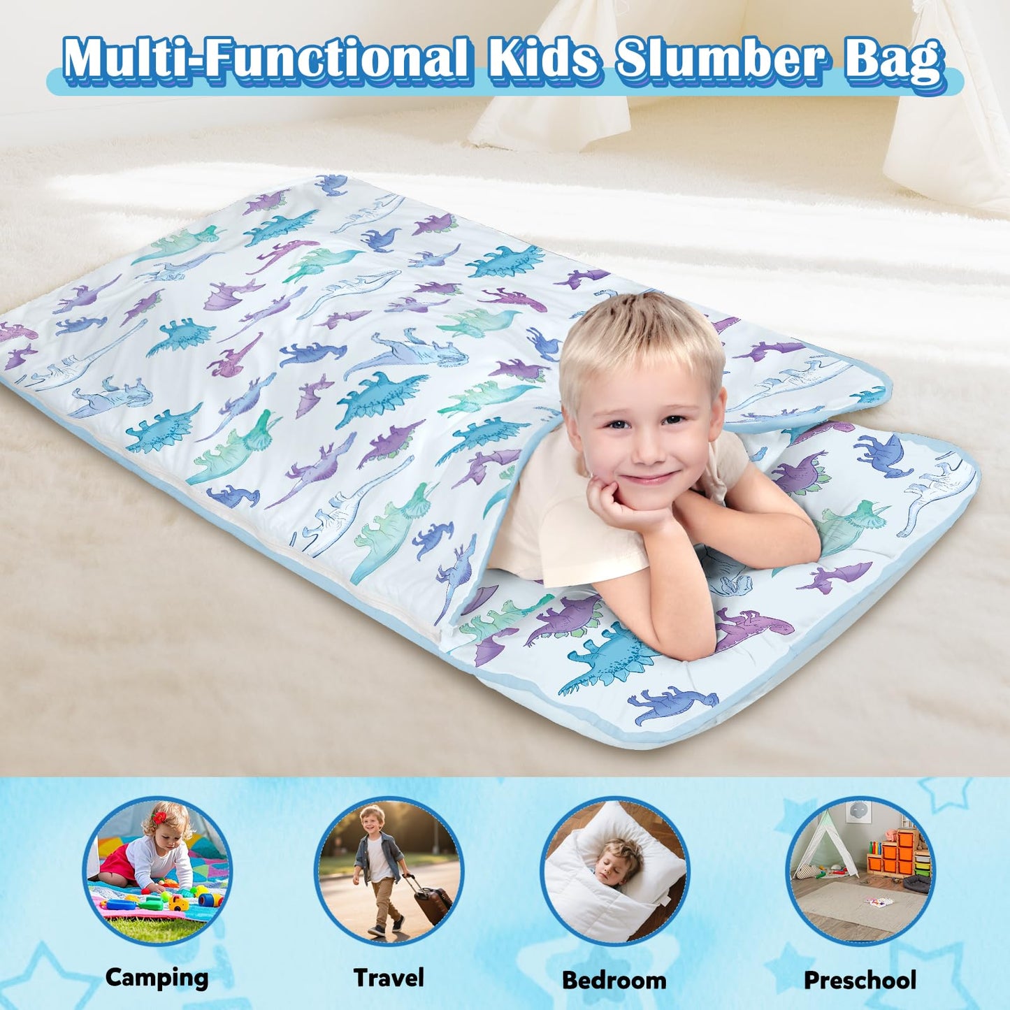 Alldomess Toddler Nap Mat 59×24 in — Blue Dinosaur 2-in-1 Sleeping Bag with Removable Pillow