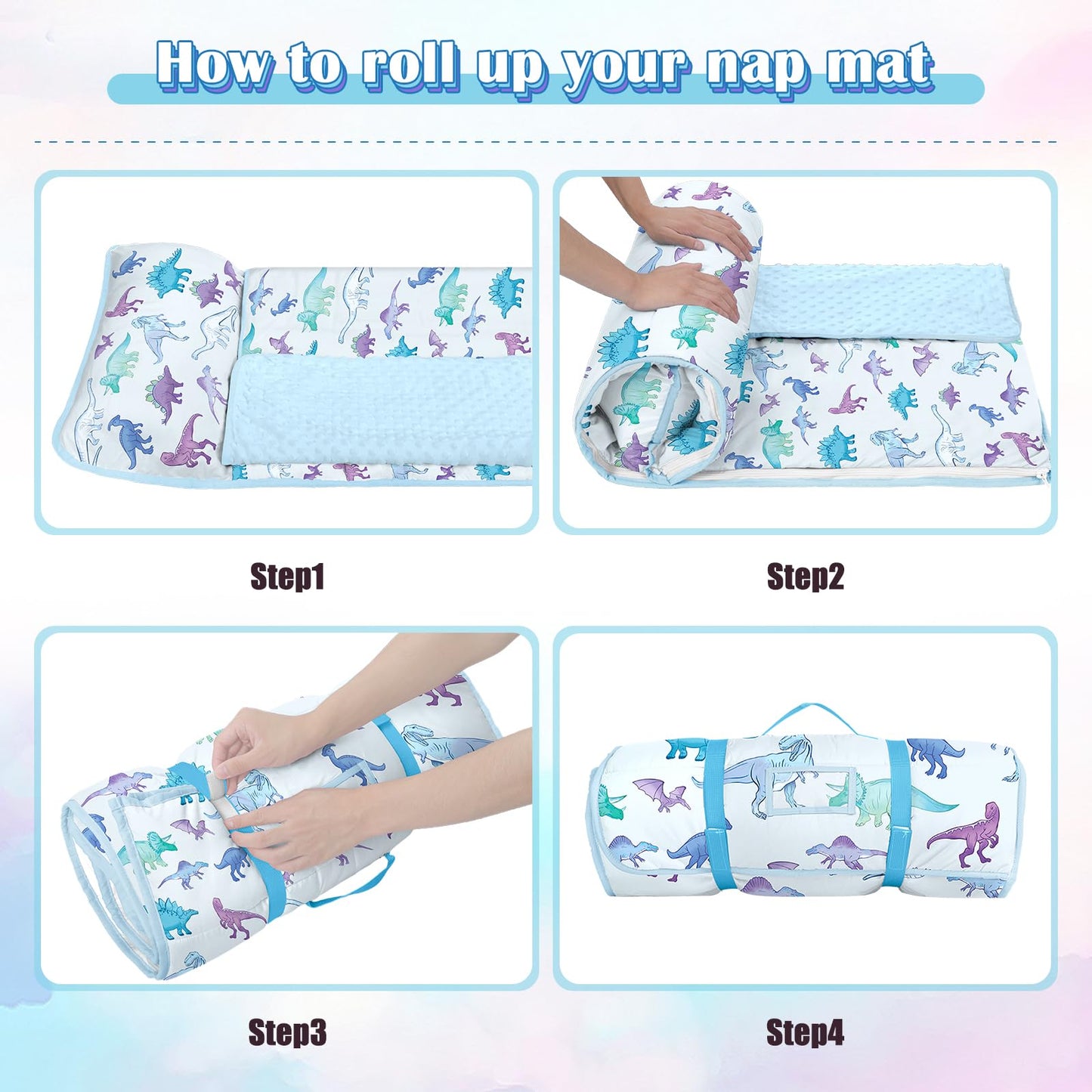 Alldomess Toddler Nap Mat 59×24 in — Blue Dinosaur 2-in-1 Sleeping Bag with Removable Pillow