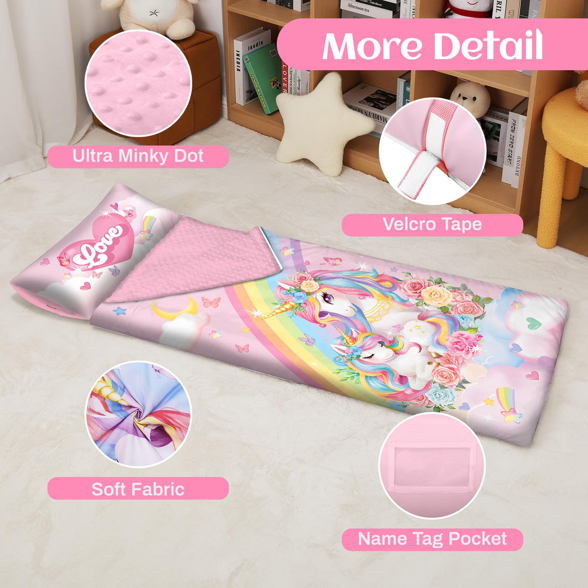 Alldomess Toddler Nap Mat Unicorn Design – 59''×24'', Removable Pillow, Roll-Up Sleeping Bag for Daycare & Travel