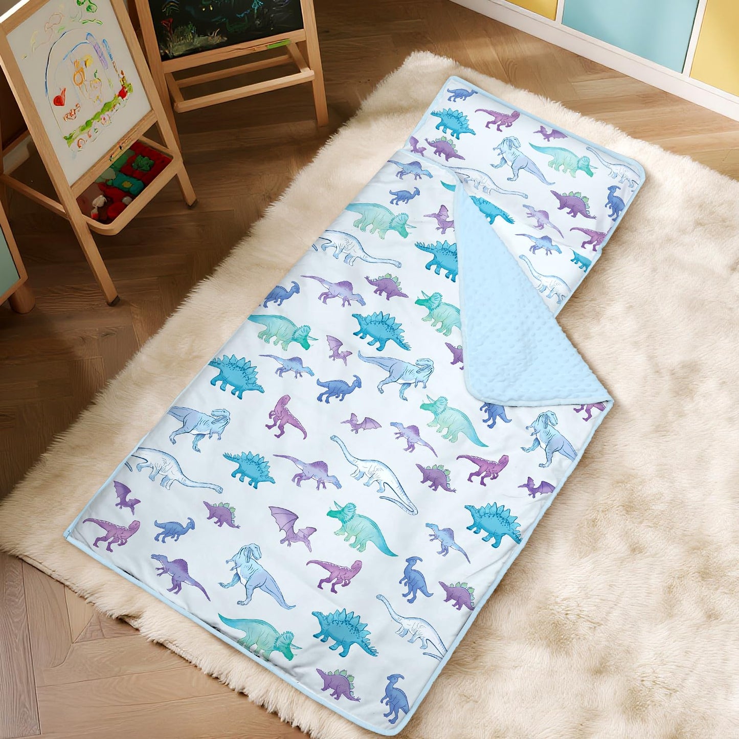 Alldomess Toddler Nap Mat 59×24 in — Blue Dinosaur 2-in-1 Sleeping Bag with Removable Pillow