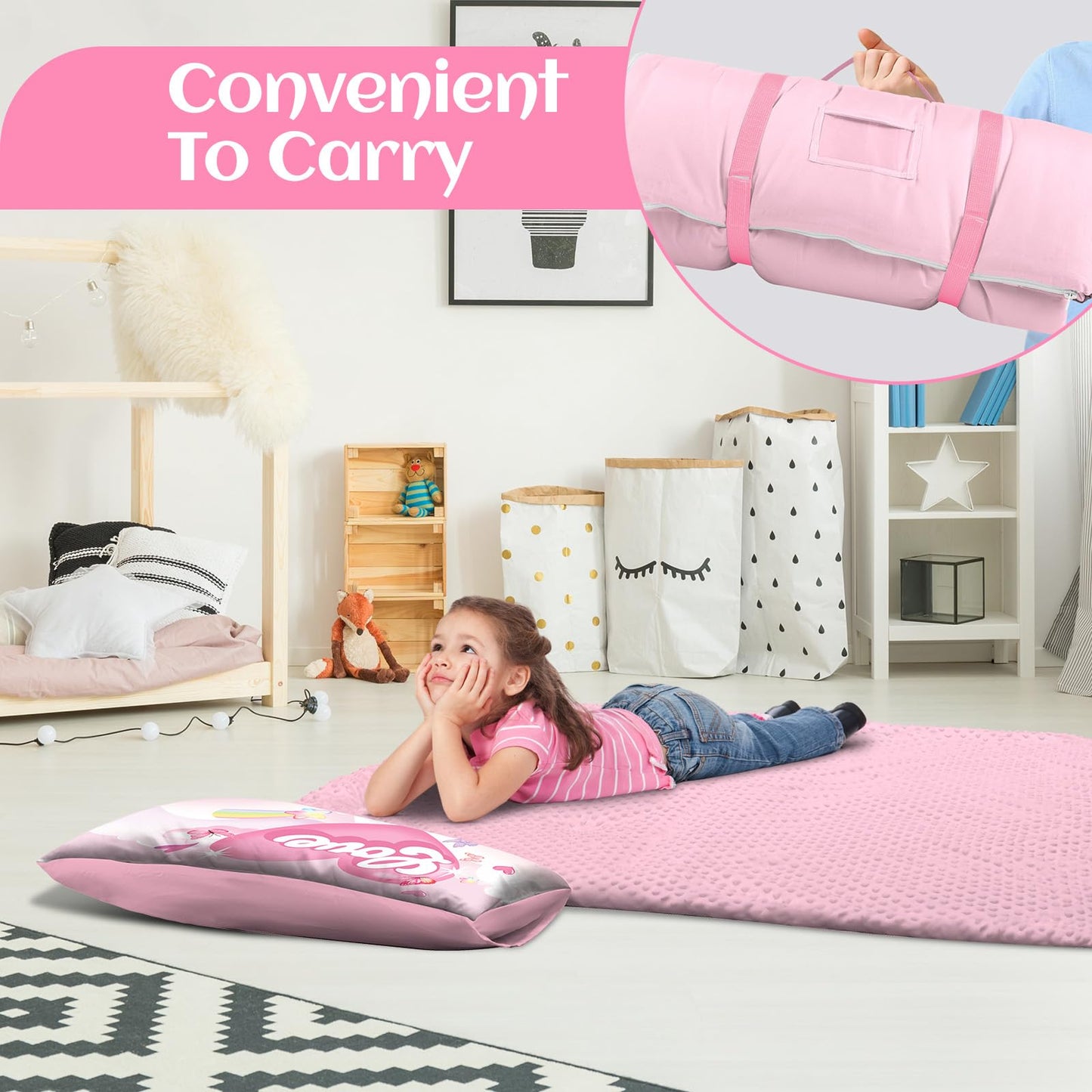Alldomess Toddler Nap Mat Unicorn Design – 59''×24'', Removable Pillow, Roll-Up Sleeping Bag for Daycare & Travel