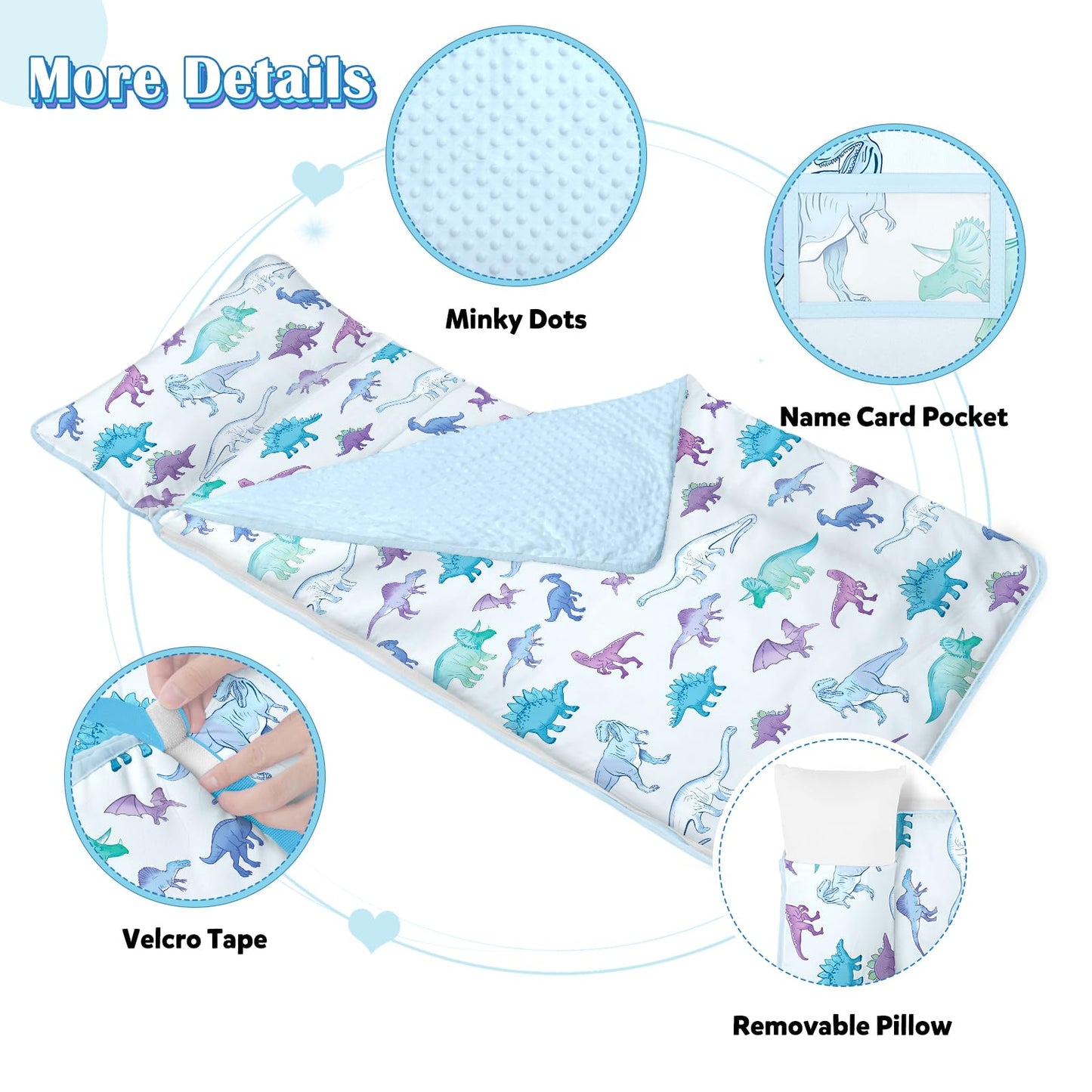 Alldomess Toddler Nap Mat 59×24 in — Blue Dinosaur 2-in-1 Sleeping Bag with Removable Pillow