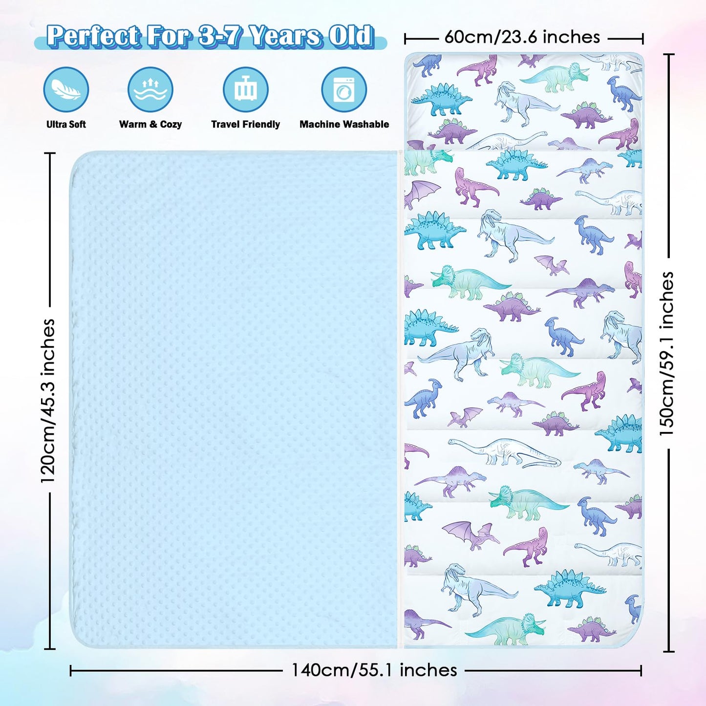 Alldomess Toddler Nap Mat 59×24 in — Blue Dinosaur 2-in-1 Sleeping Bag with Removable Pillow