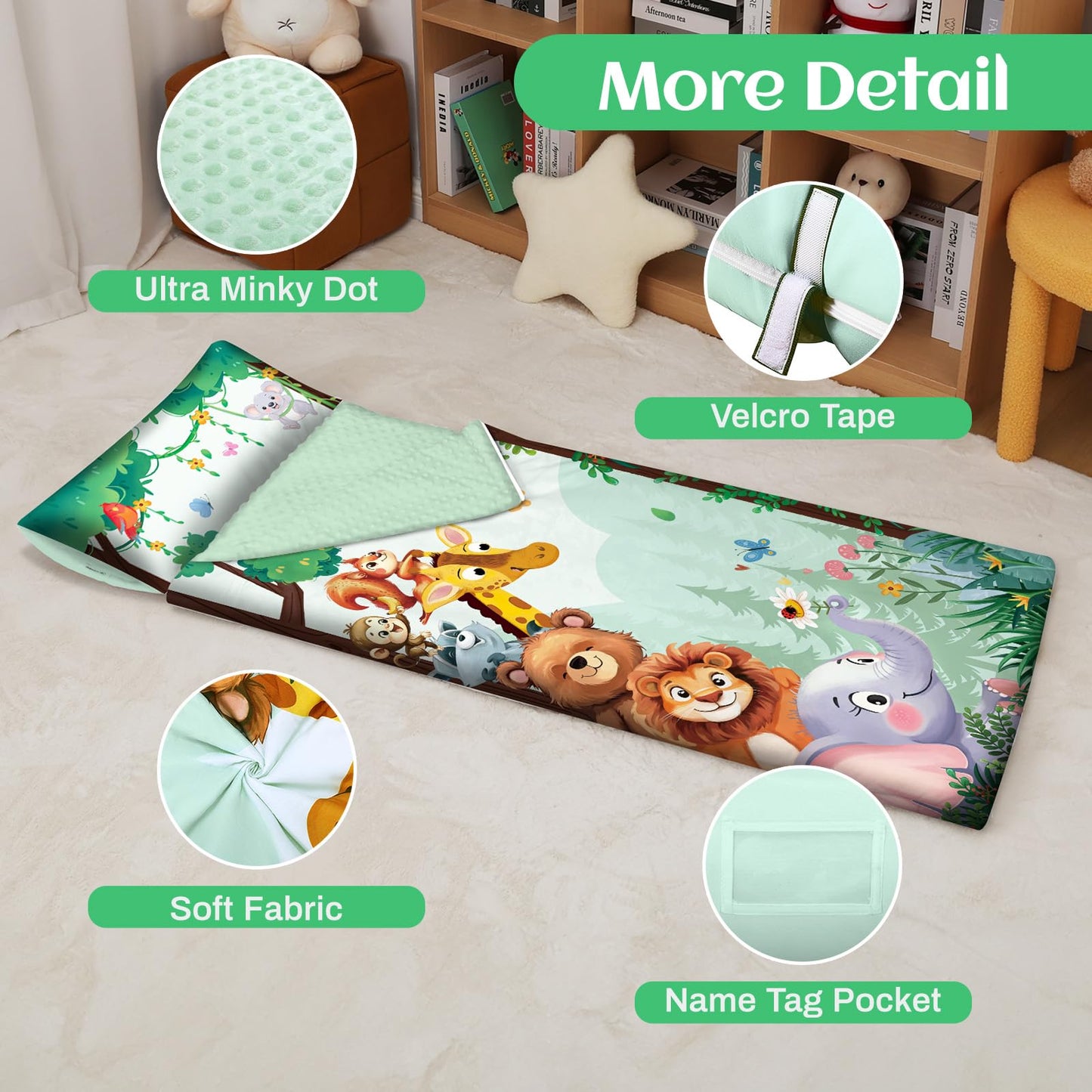 Alldomess Toddler Nap Mat 59x24 in – Soft Sleeping Bag with Removable Pillow for Kids