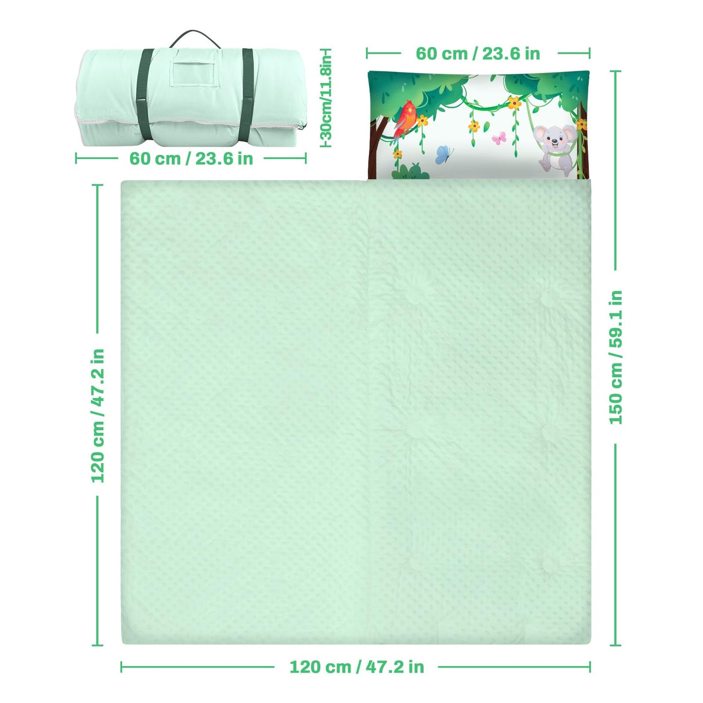 Alldomess Toddler Nap Mat 59x24 in – Soft Sleeping Bag with Removable Pillow for Kids