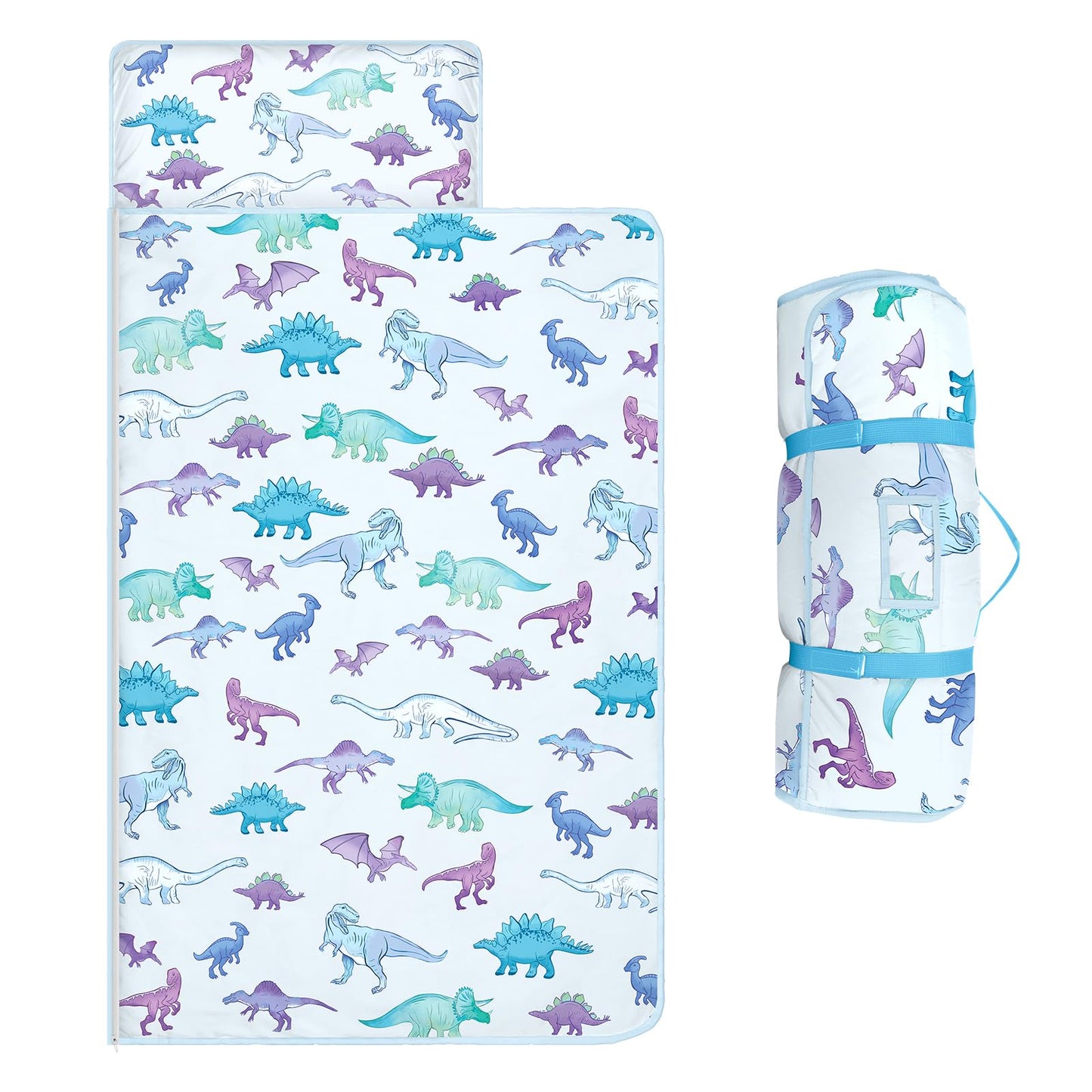 Alldomess Toddler Nap Mat 59×24 in — Blue Dinosaur 2-in-1 Sleeping Bag with Removable Pillow
