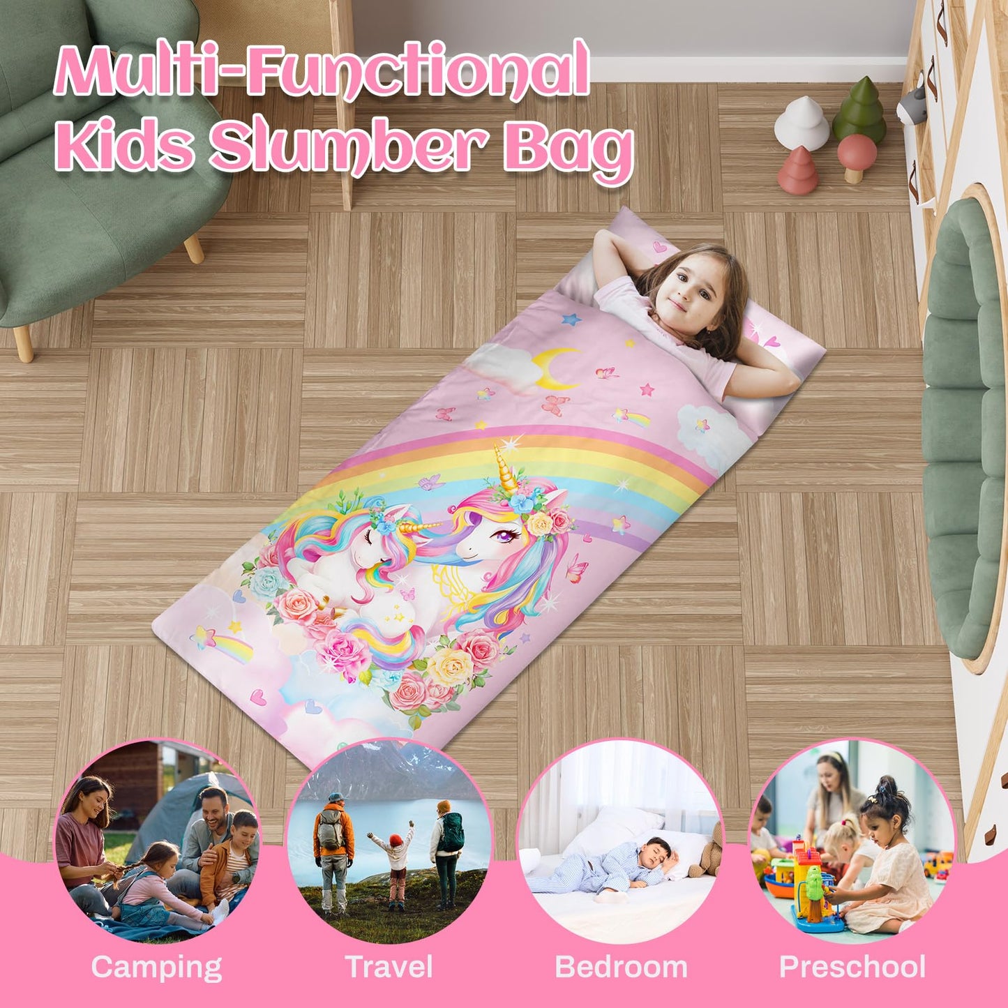 Alldomess Toddler Nap Mat Unicorn Design – 59''×24'', Removable Pillow, Roll-Up Sleeping Bag for Daycare & Travel