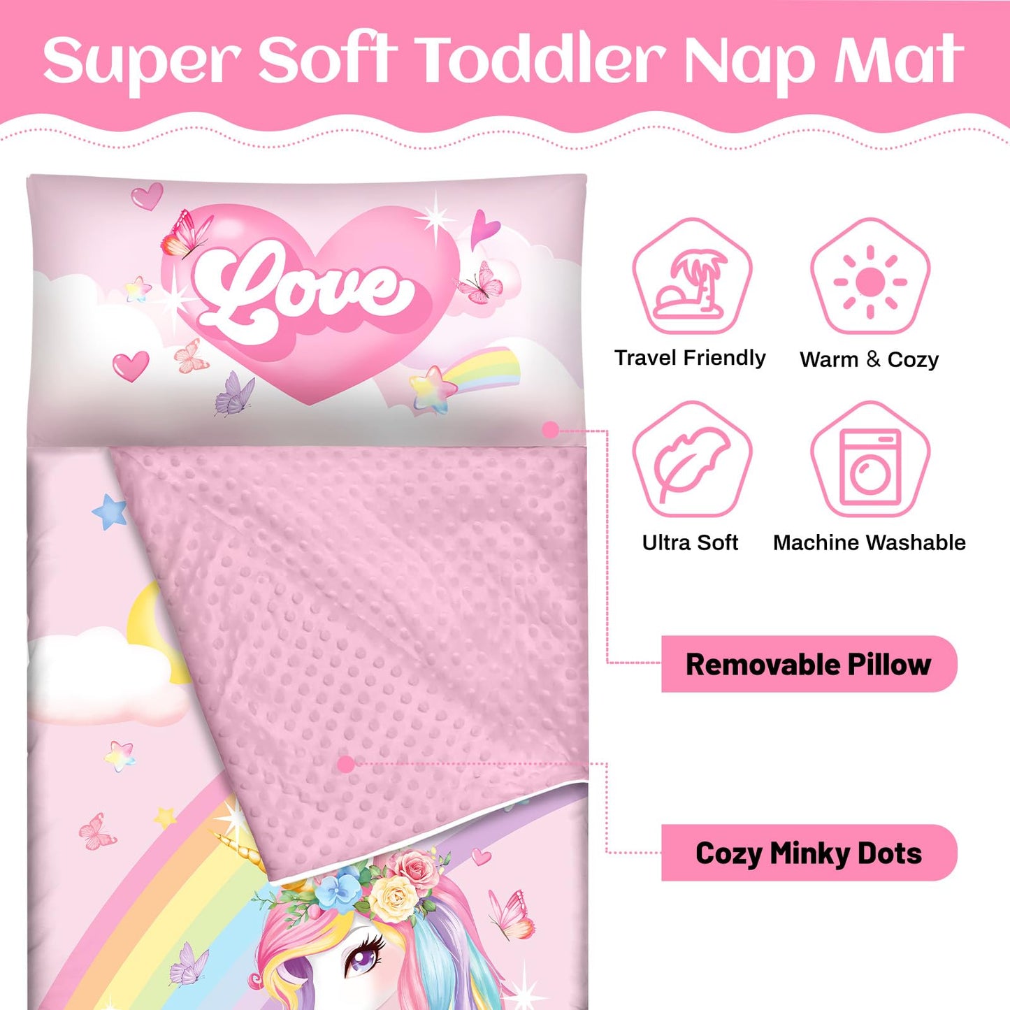 Alldomess Toddler Nap Mat Unicorn Design – 59''×24'', Removable Pillow, Roll-Up Sleeping Bag for Daycare & Travel