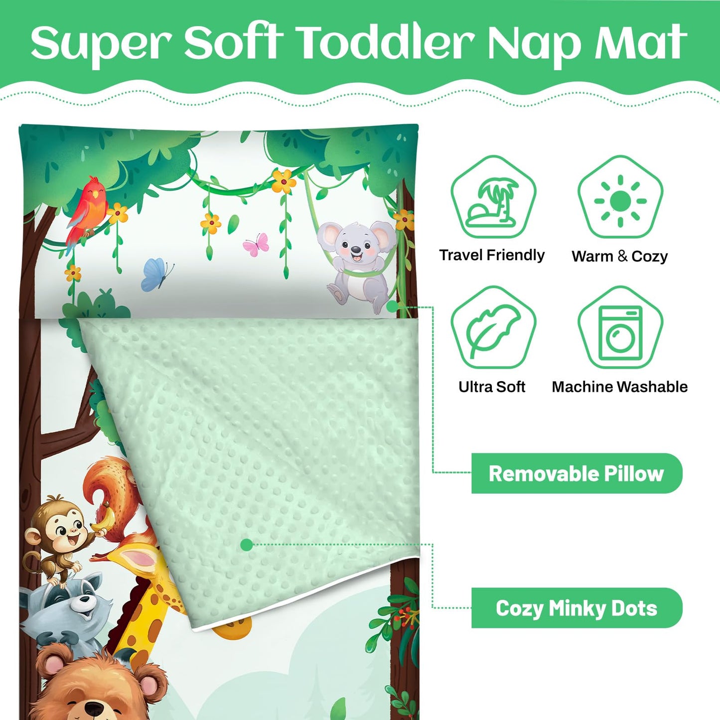 Alldomess Toddler Nap Mat 59x24 in – Soft Sleeping Bag with Removable Pillow for Kids