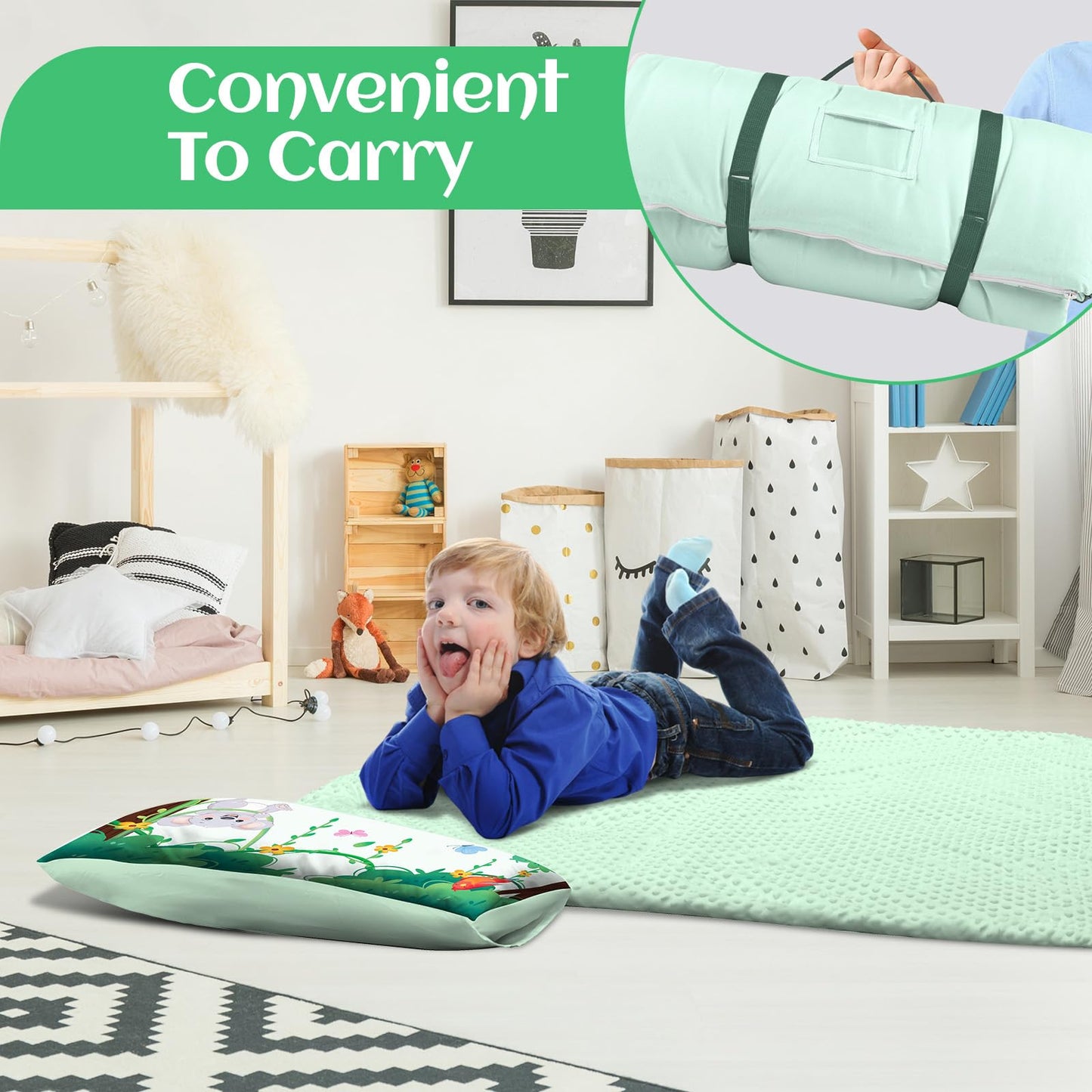 Alldomess Toddler Nap Mat 59x24 in – Soft Sleeping Bag with Removable Pillow for Kids