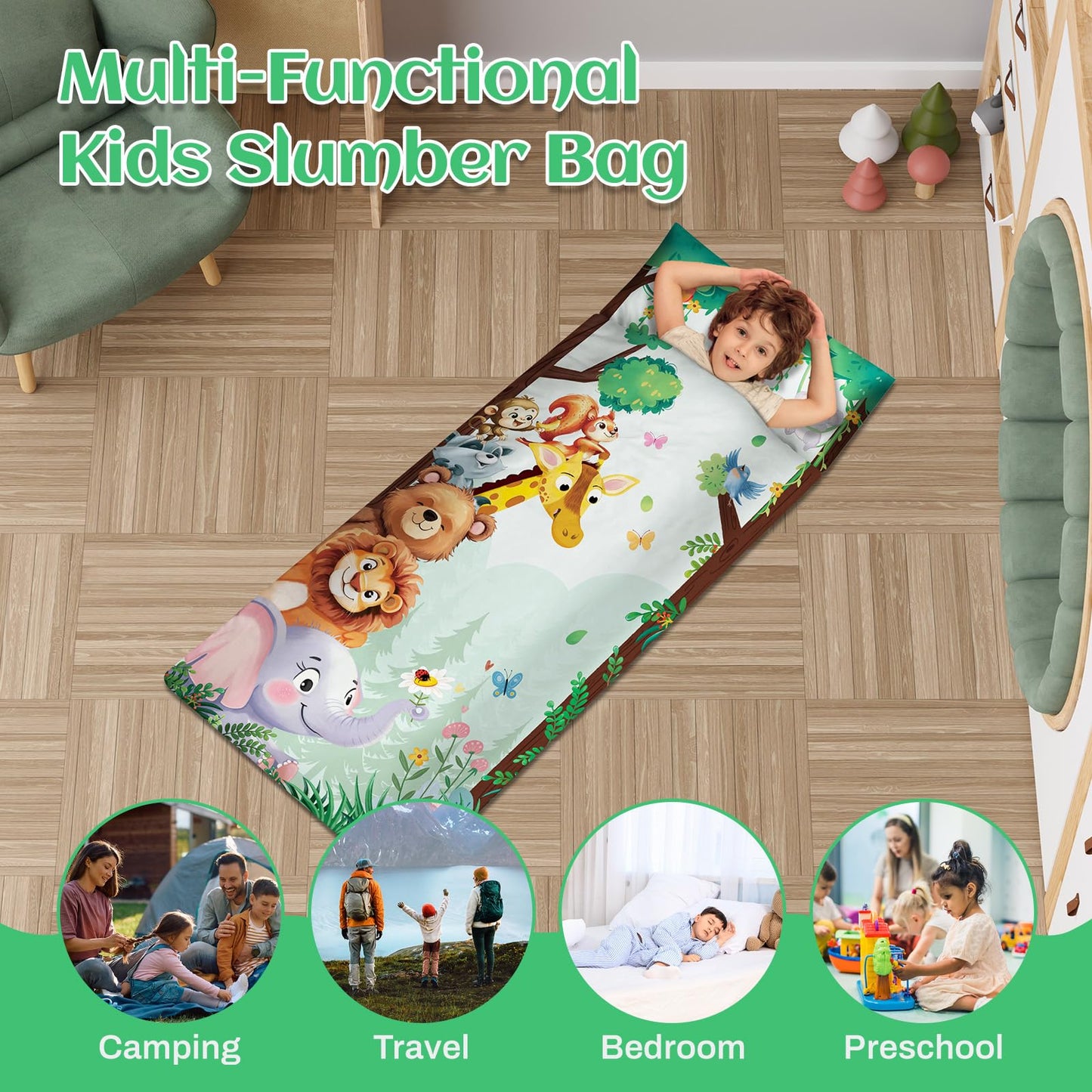 Alldomess Toddler Nap Mat 59x24 in – Soft Sleeping Bag with Removable Pillow for Kids