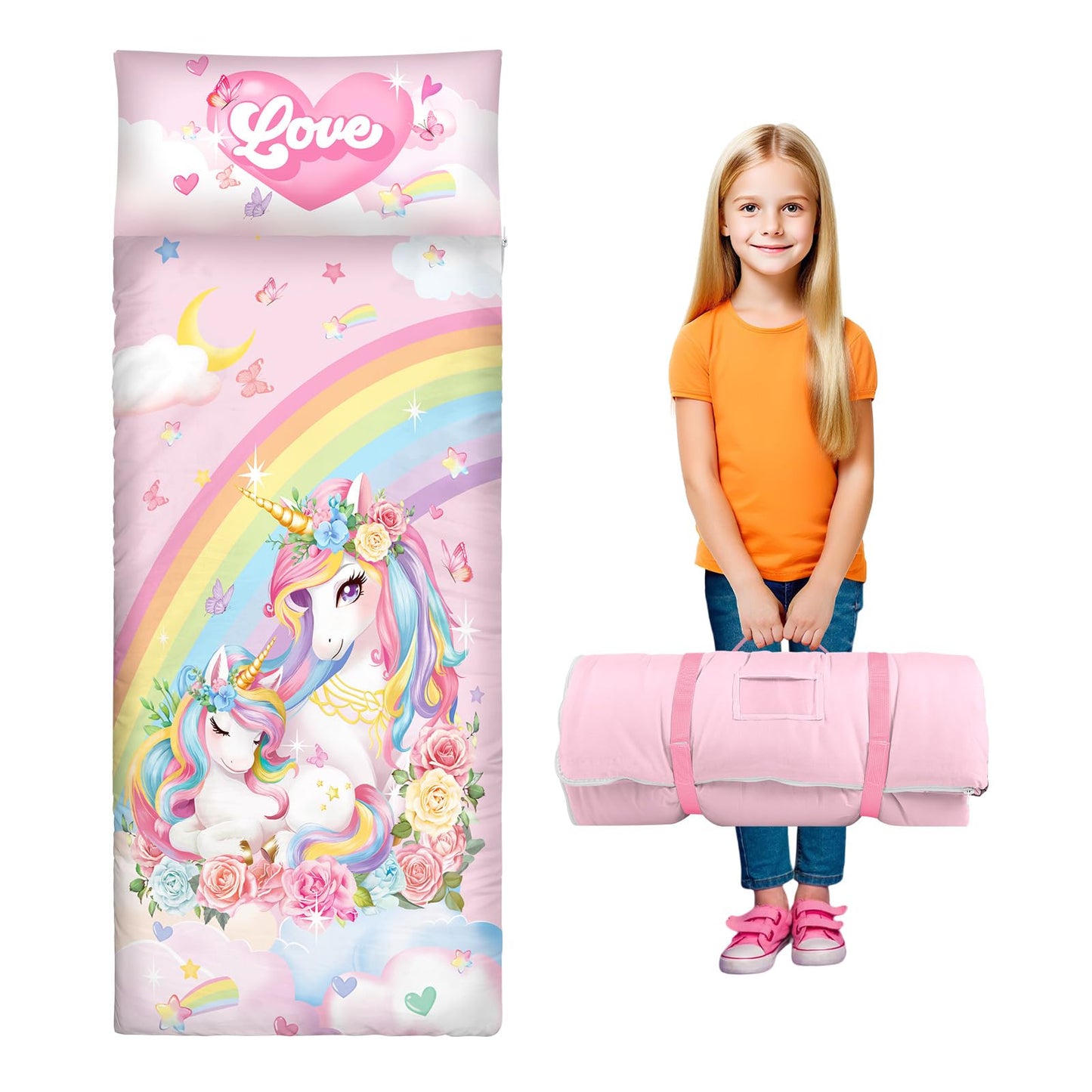 Alldomess Toddler Nap Mat Unicorn Design – 59''×24'', Removable Pillow, Roll-Up Sleeping Bag for Daycare & Travel