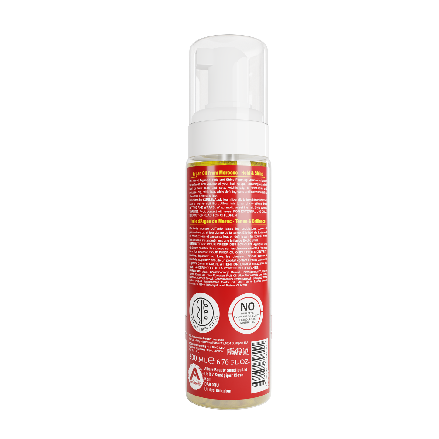 Allored Professional Argan Oil Hold & Shine Foaming Mousse for All Hair Types 200 ml/6.8 oz