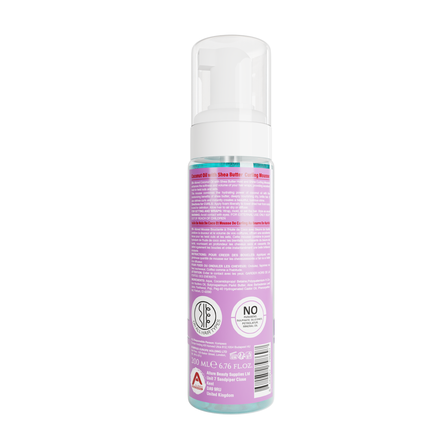 Allored Professional Coconut Oil & Shea Butter Curl Defining Mousse for All Hair Types 200 ml/6.8 oz
