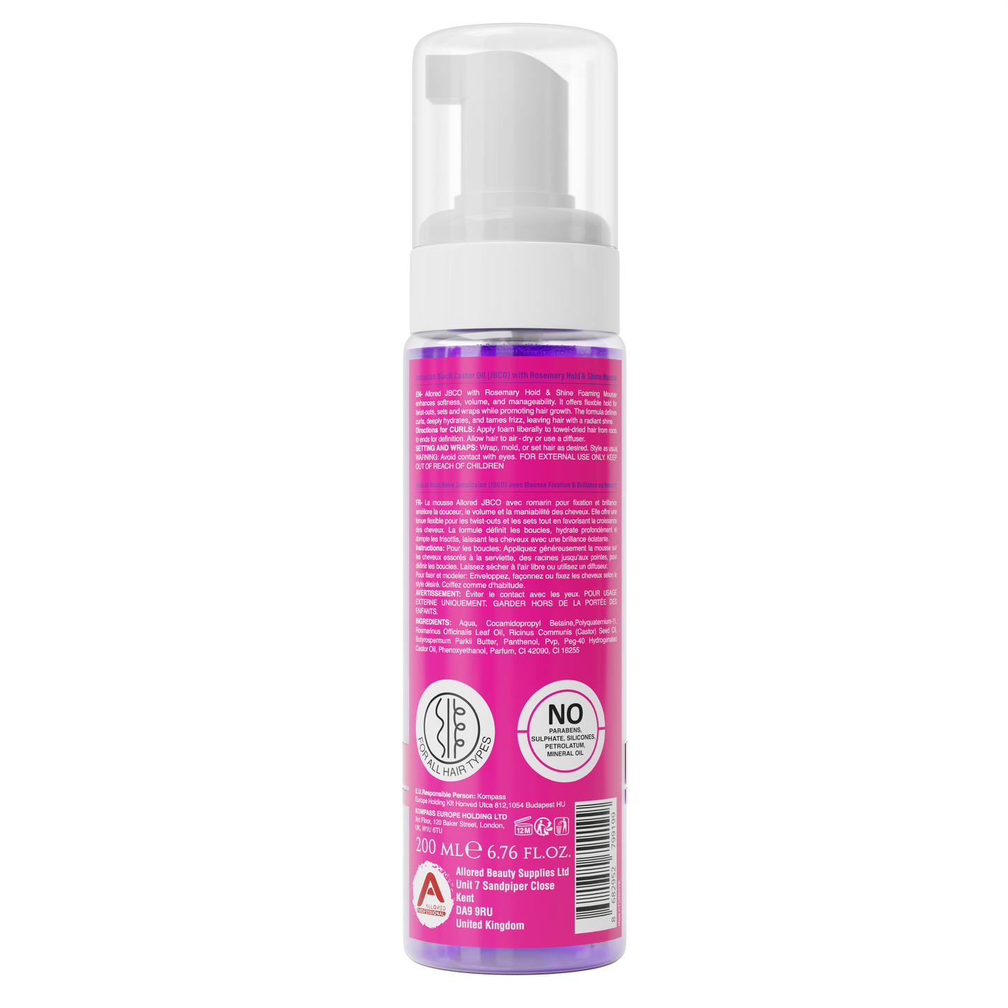 Allored Professional Jamaican Black Castor Oil & Rosemary Foaming Mousse with Lightweight Hold for Curly, Coily & Wavy Hair 200 ml/6.8 oz