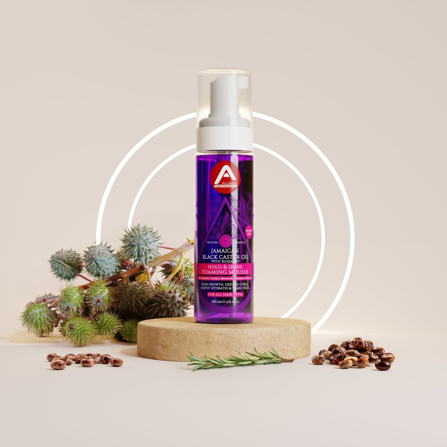 Allored Professional Jamaican Black Castor Oil & Rosemary Foaming Mousse with Lightweight Hold for Curly, Coily & Wavy Hair 200 ml/6.8 oz