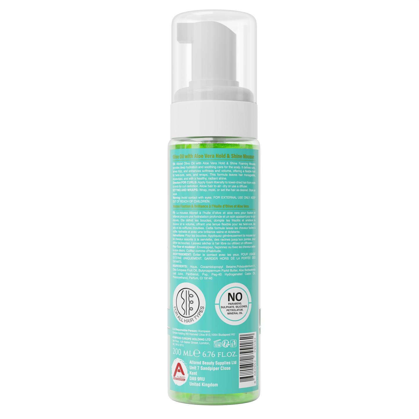 Allored Professional Olive Oil & Aloe Vera Foaming Mousse for Curly, Coily & Wavy Hair 200 ml/6.8 oz