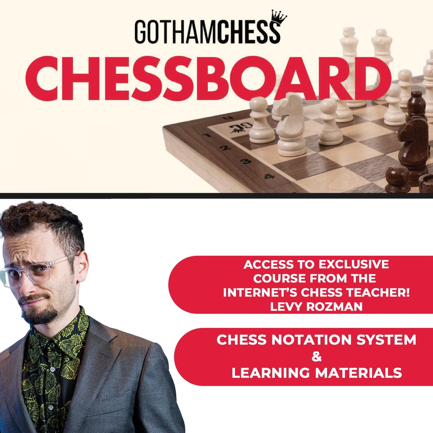 GothamChess Board | Foldable Magnetic Chess Set + Levy Rozman Course | Allstar Innovations