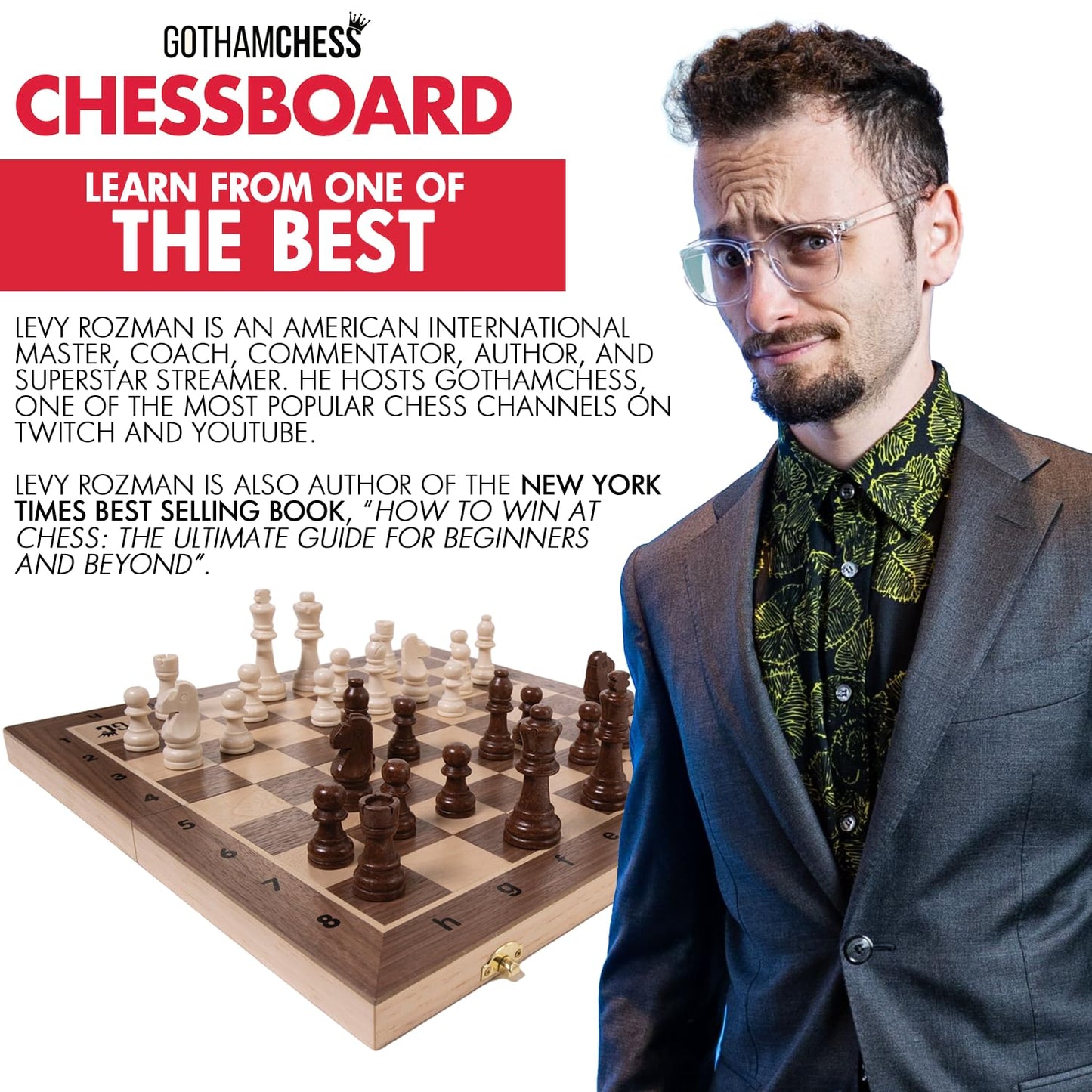 GothamChess Board | Foldable Magnetic Chess Set + Levy Rozman Course | Allstar Innovations