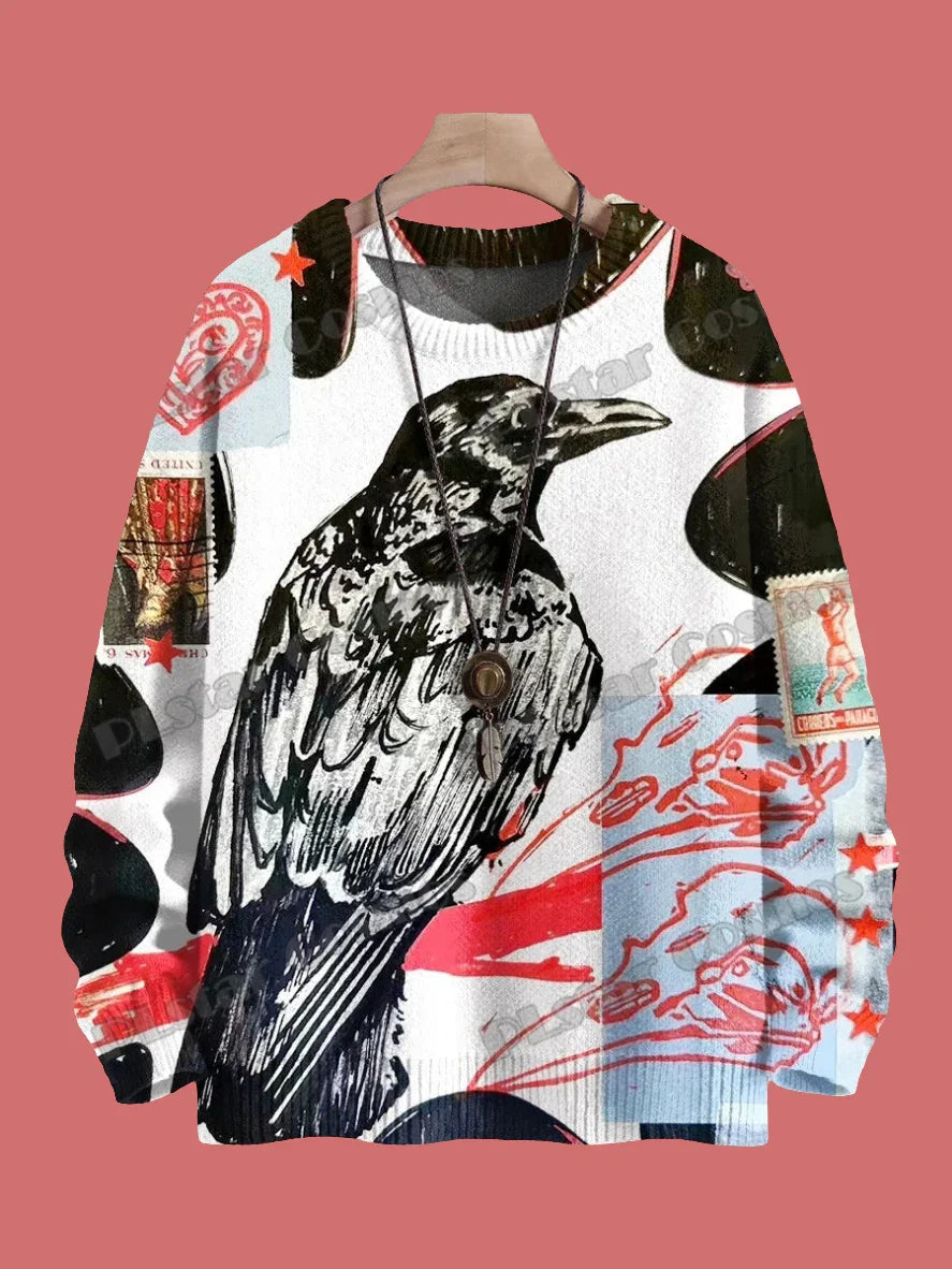 Halloween Raven and Floral 3D Printed Knitted Sweater SELECTION – Unisex Casual Pullover