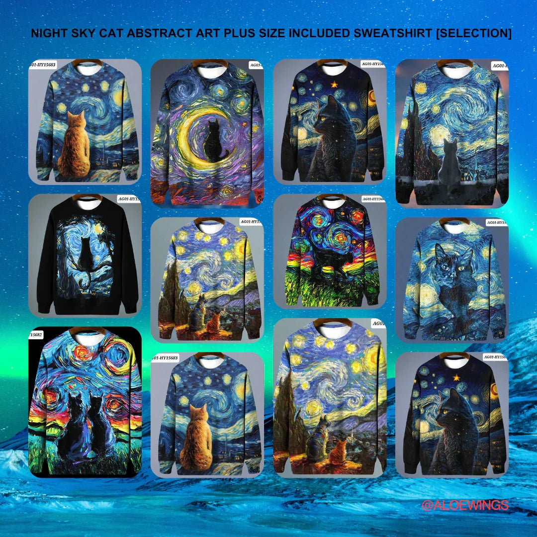 Night Sky Cat Abstract Art Plus Size Included Sweatshirt [SELECTION]