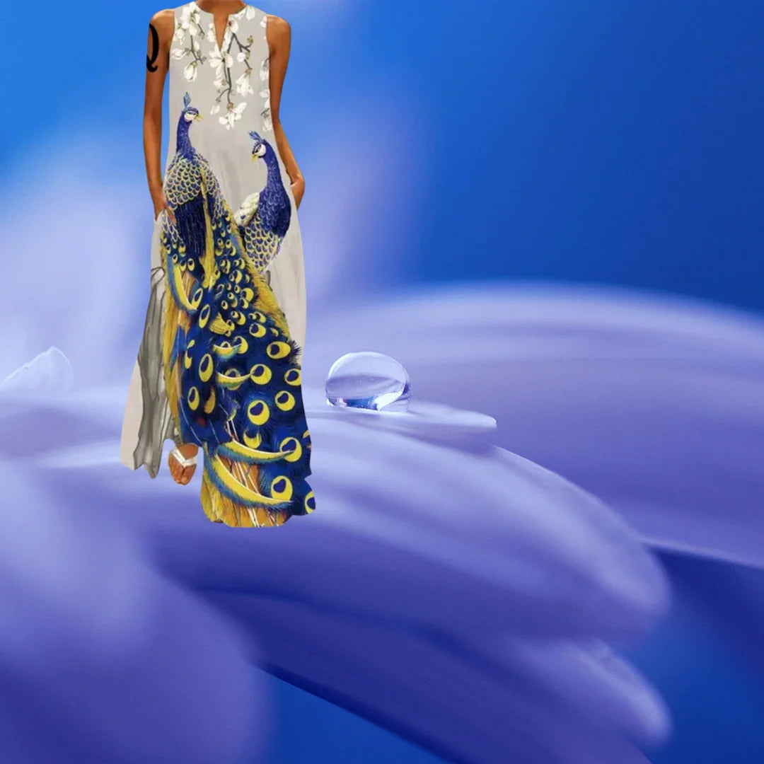 Elegant Women's Sleeveless 3D Fishes & Peacock Print Vintage Maxi Dress with Pockets – Summer & Spring Collection