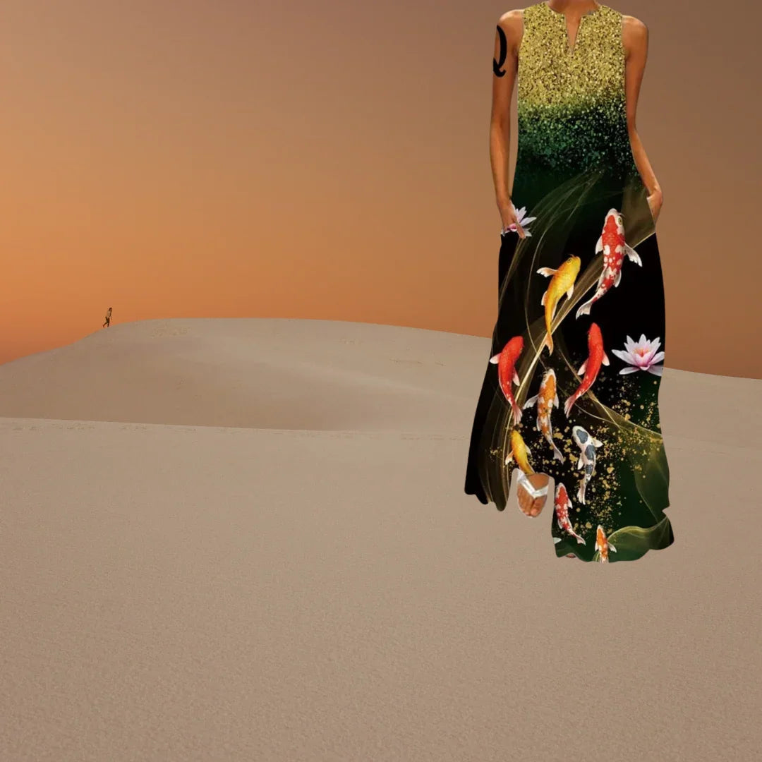 Elegant Women's Sleeveless 3D Fishes & Peacock Print Vintage Maxi Dress with Pockets – Summer & Spring Collection