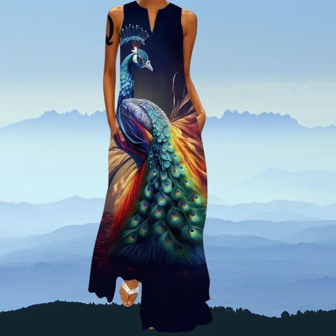 Elegant Women's Sleeveless 3D Fishes & Peacock Print Vintage Maxi Dress with Pockets – Summer & Spring Collection