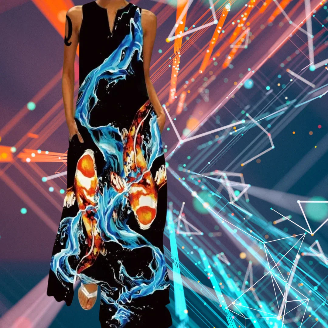 Elegant Women's Sleeveless 3D Fishes & Peacock Print Vintage Maxi Dress with Pockets – Summer & Spring Collection