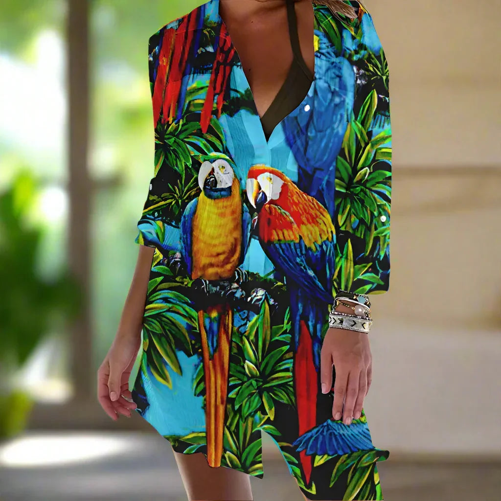 1.Women's Summer Hawaiian Parrot 3D Print Blouse – Long Sleeve Mid-Length Button-Up Beach Shirt with Pockets