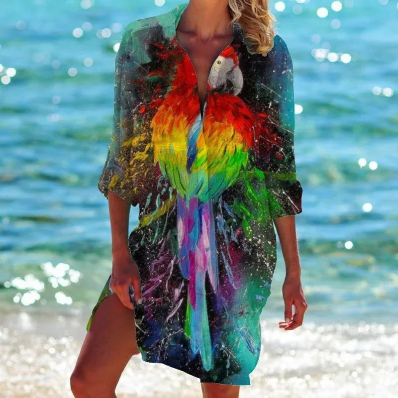 2.Women's Summer Hawaiian Parrot 3D Print Blouse – Long Sleeve Mid-Length Button-Up Beach Shirt with Pockets